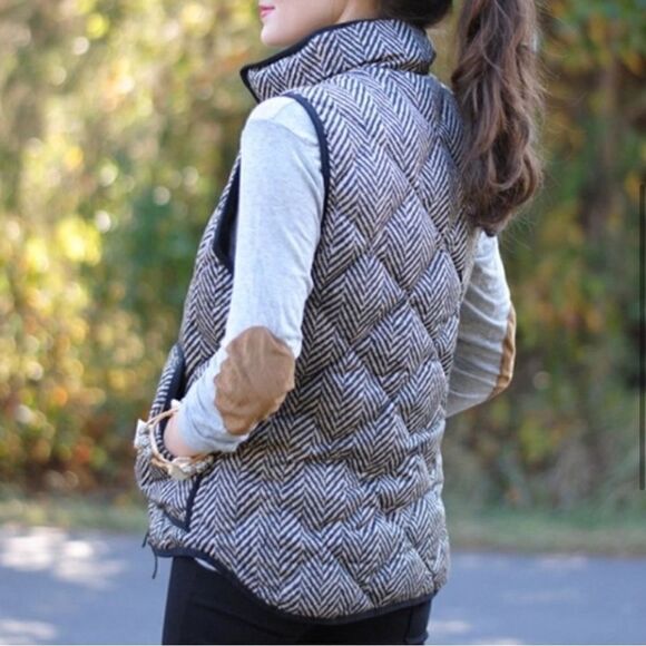 J Crew Excursion Quilted Puffer Vest Black Ivory Herringbone - Picture 5 of 14
